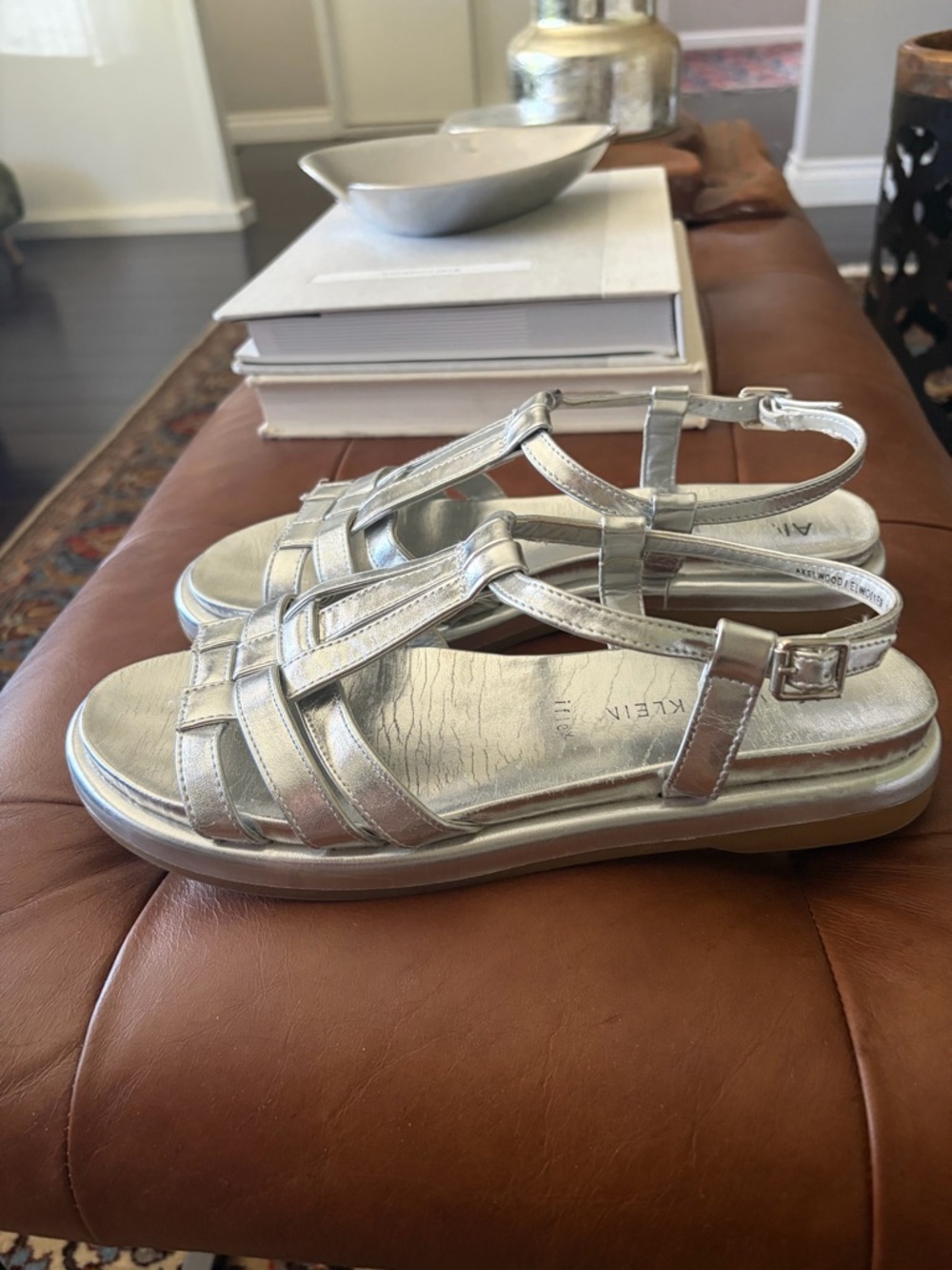 Anne Klein Metallic Silver Leather Woven Elwood Sandal